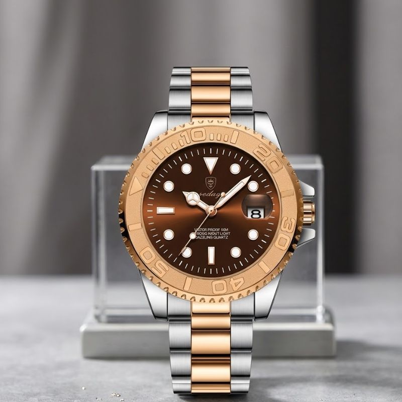 Relógio masculino Poedagar Submariner Rose Gold Brown em aço inoxidável, mostrador marrom — outro ângulo