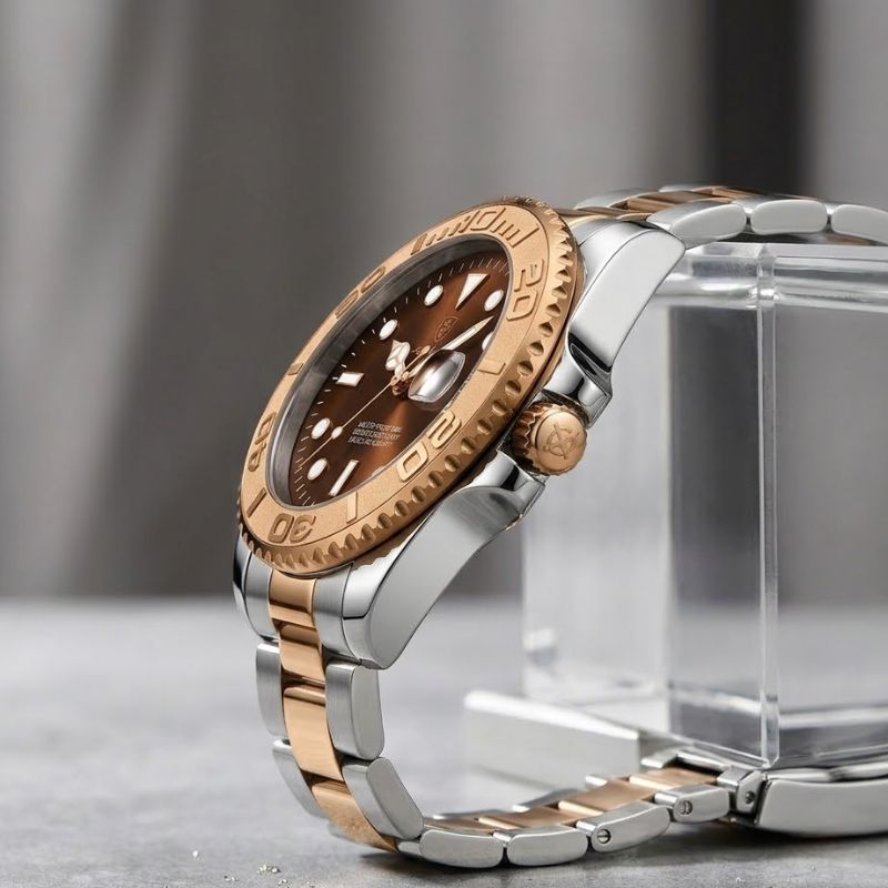Relógio masculino Poedagar Submariner Rose Gold Brown em aço inoxidável, mostrador marrom — vista do conjunto