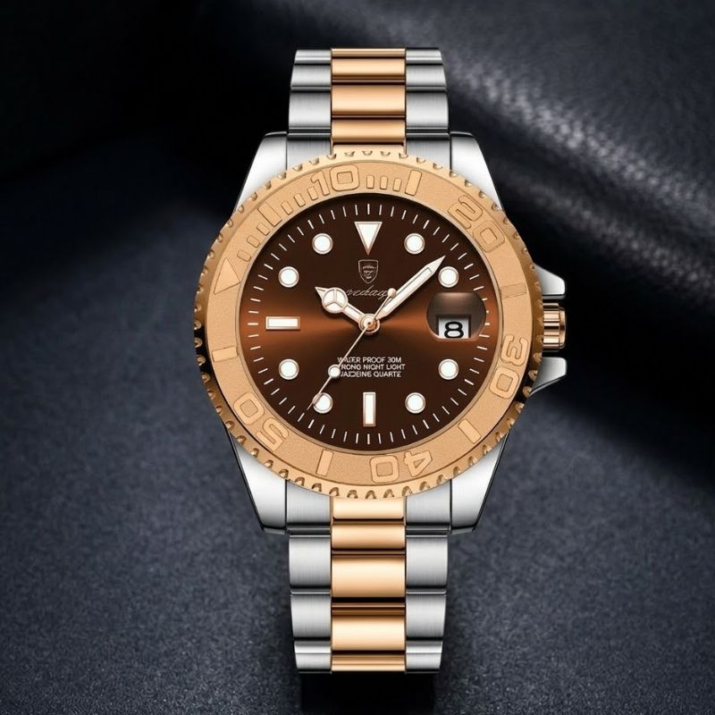 Relógio masculino Poedagar Submariner Rose Gold Brown em aço inoxidável, mostrador marrom — imagem complementar