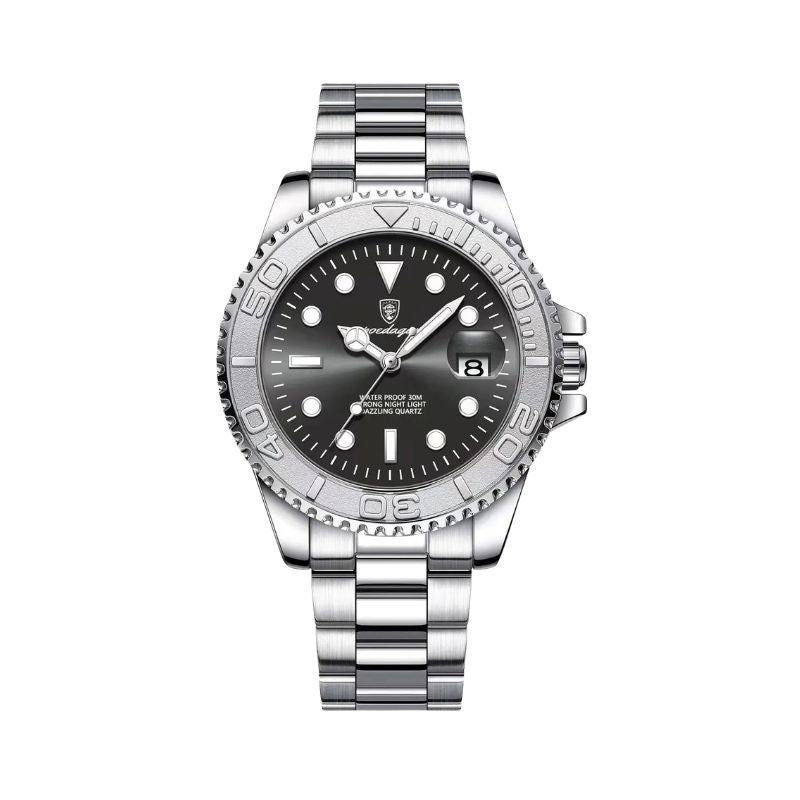 Relógio masculino Poedagar Submariner Silver Black em aço inoxidável, mostrador preto