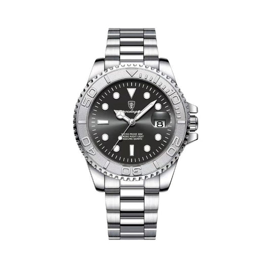 Relógio masculino Poedagar Submariner Silver Black em aço inoxidável, mostrador preto