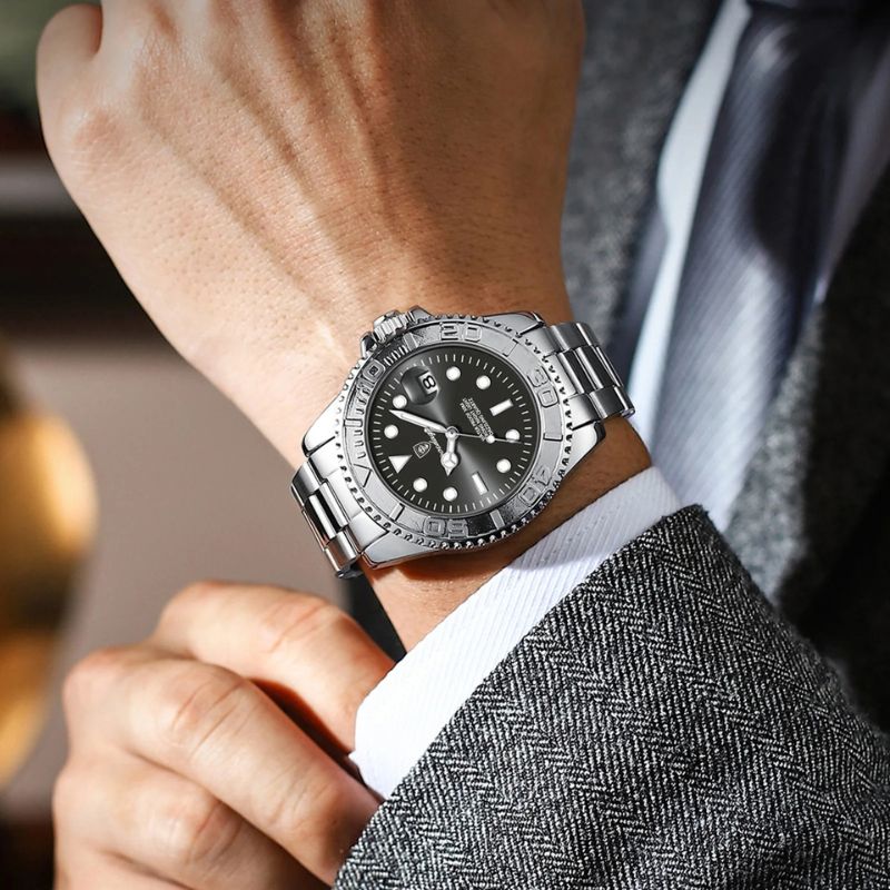 Relógio masculino Poedagar Submariner Silver Black em aço inoxidável, mostrador preto — vista detalhada