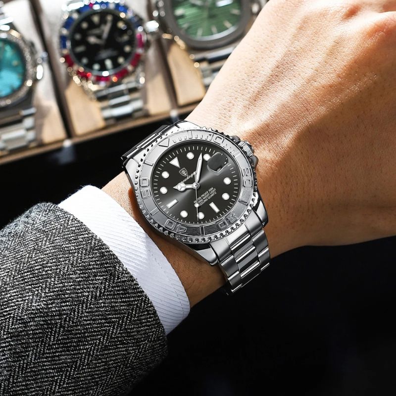 Relógio masculino Poedagar Submariner Silver Black em aço inoxidável, mostrador preto — detalhe do acabamento