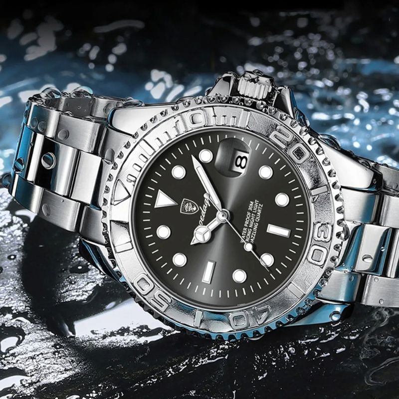 Relógio masculino Poedagar Submariner Silver Black em aço inoxidável, mostrador preto — vista do conjunto