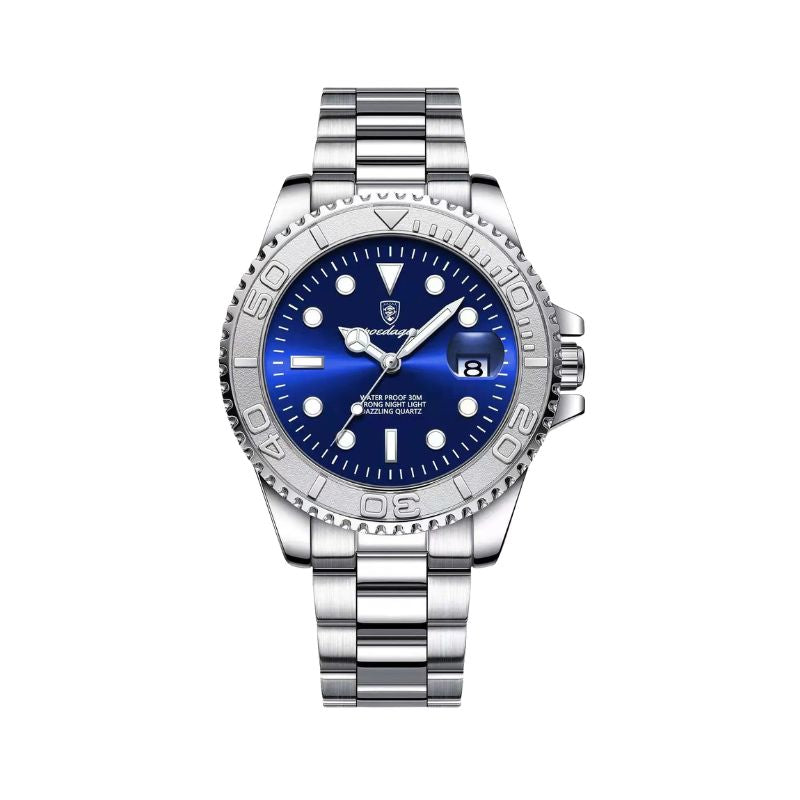 Relógio masculino Poedagar Submariner Silver Blue em aço inoxidável, mostrador azul