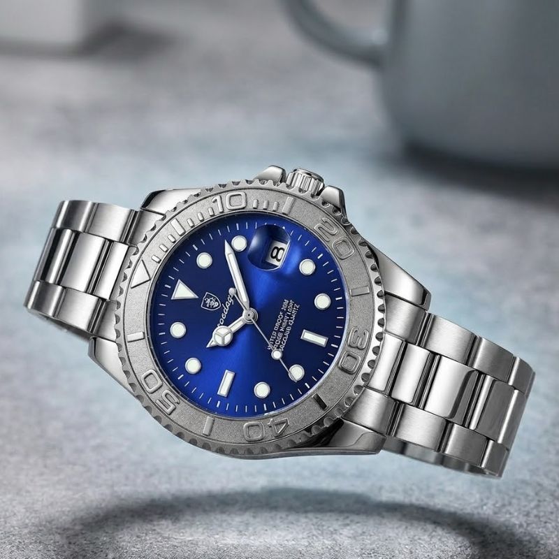 Relógio masculino Poedagar Submariner Silver Blue em aço inoxidável, mostrador azul — vista do conjunto