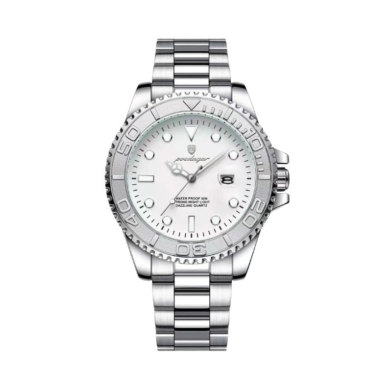 Relógio masculino Poedagar Submariner Silver White em aço inoxidável, mostrador branco