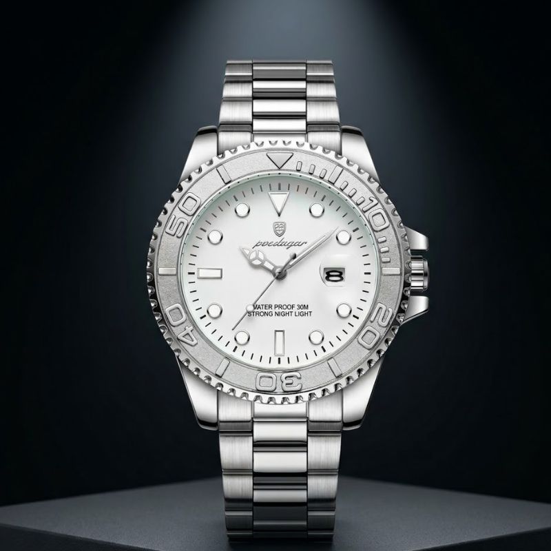 Relógio masculino Poedagar Submariner Silver White em aço inoxidável, mostrador branco — outro ângulo