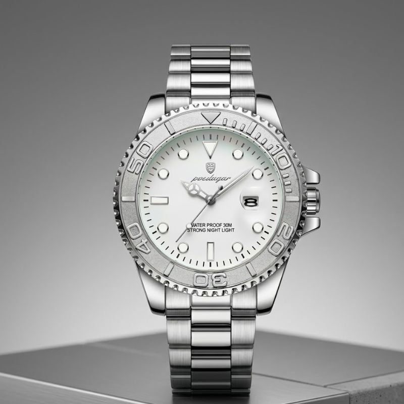 Relógio masculino Poedagar Submariner Silver White em aço inoxidável, mostrador branco — imagem complementar