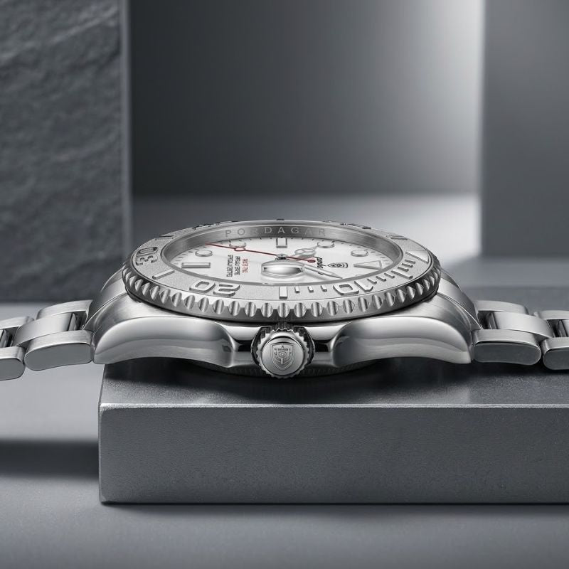 Relógio masculino Poedagar Submariner Silver White em aço inoxidável, mostrador branco — vista frontal