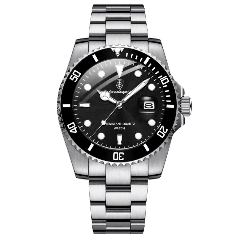 Relógio masculino Poedagar Bernini Silver Black em aço inoxidável, mostrador preto