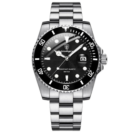 Relógio masculino Poedagar Bernini Silver Black em aço inoxidável, mostrador preto
