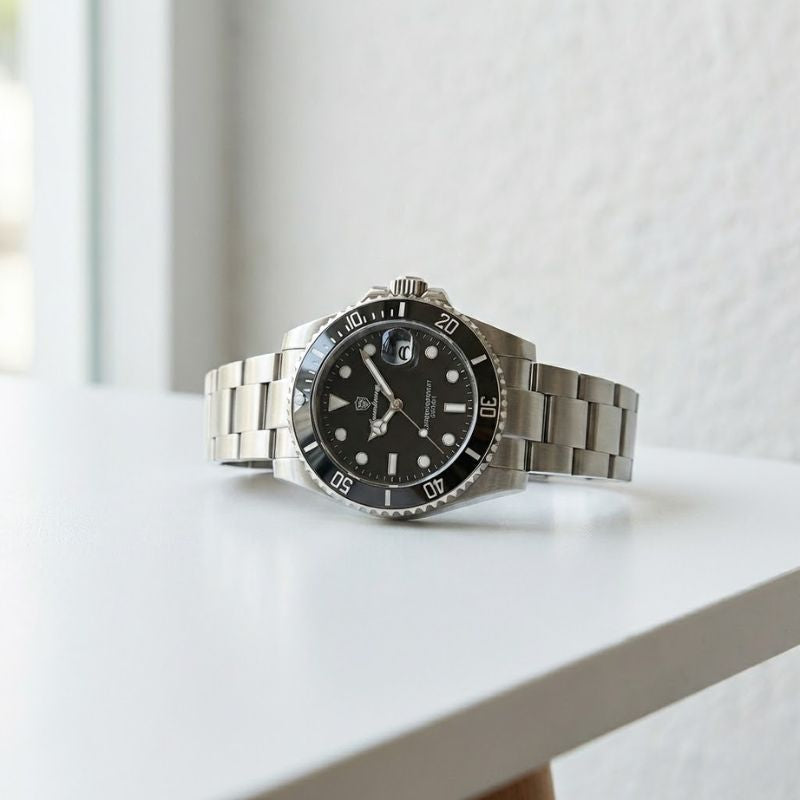 Relógio masculino Poedagar Bernini Silver Black em aço inoxidável, mostrador preto — vista do conjunto