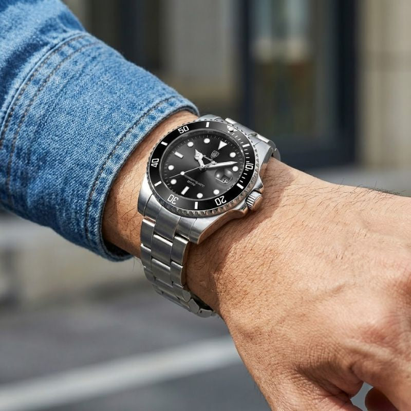 Relógio masculino Poedagar Bernini Silver Black em aço inoxidável, mostrador preto — detalhe do acabamento