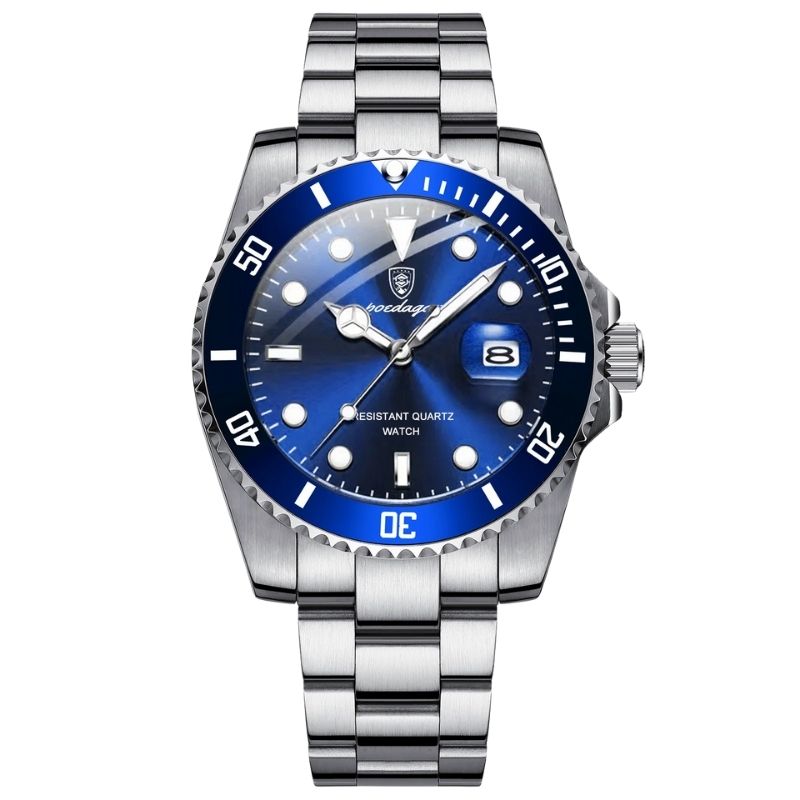 Relógio masculino Poedagar Bernini Silver Blue em aço inoxidável, mostrador azul