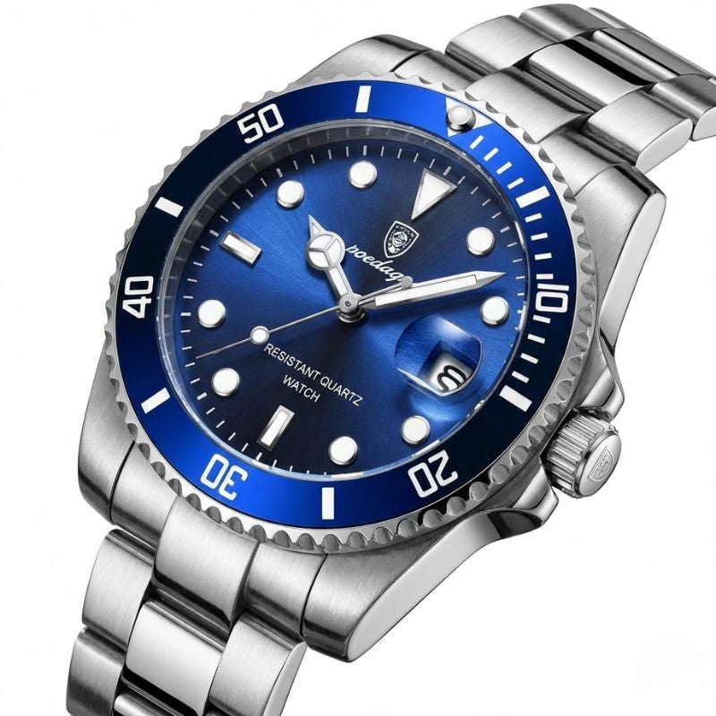 Relógio masculino Poedagar Bernini Silver Blue em aço inoxidável, mostrador azul — vista do conjunto