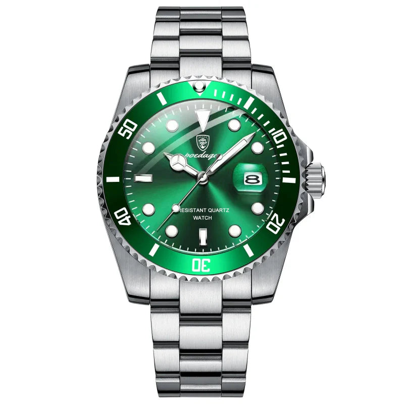 Relógio masculino Poedagar Bernini Silver Green em aço inoxidável, mostrador verde