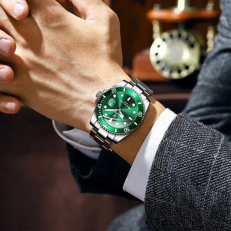 Relógio masculino Poedagar Bernini Silver Green em aço inoxidável, mostrador verde — vista detalhada