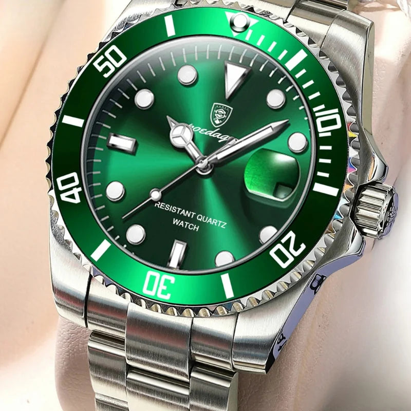 Relógio masculino Poedagar Bernini Silver Green em aço inoxidável, mostrador verde — detalhe do acabamento