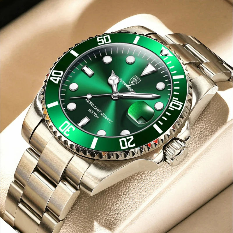 Relógio masculino Poedagar Bernini Silver Green em aço inoxidável, mostrador verde — detalhe do design