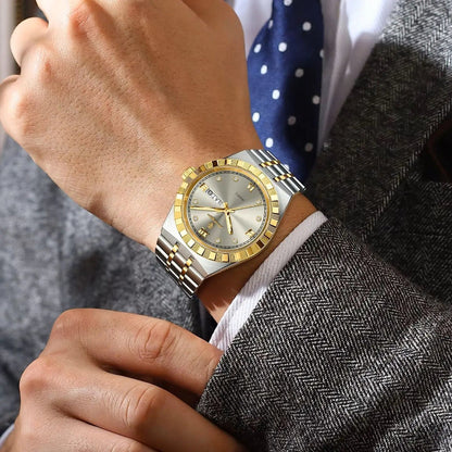 Relógio masculino Poedagar Biancardi Gold Grey em aço inoxidável, mostrador cinza — detalhe do acabamento