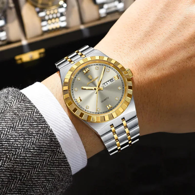 Relógio masculino Poedagar Biancardi Gold Grey em aço inoxidável, mostrador cinza — vista detalhada