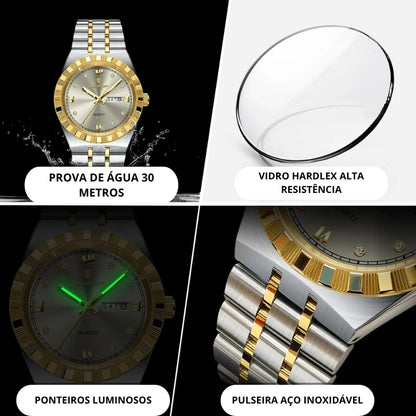 Relógio masculino Poedagar Biancardi Gold Grey em aço inoxidável, mostrador cinza — detalhe do design