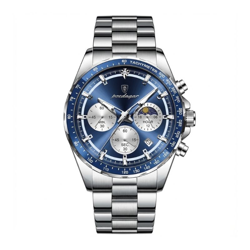 Relógio masculino Poedagar Blu Celestiale em aço inoxidável, mostrador azul