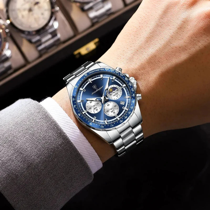 Relógio masculino Poedagar Blu Celestiale em aço inoxidável, mostrador azul — vista do conjunto