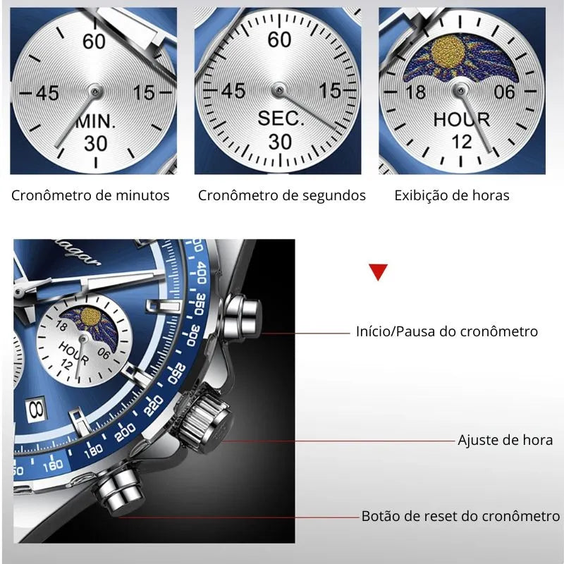 Relógio masculino Poedagar Blu Celestiale em aço inoxidável, mostrador azul — imagem complementar