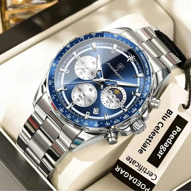 Relógio masculino Poedagar Blu Celestiale em aço inoxidável, mostrador azul — vista detalhada