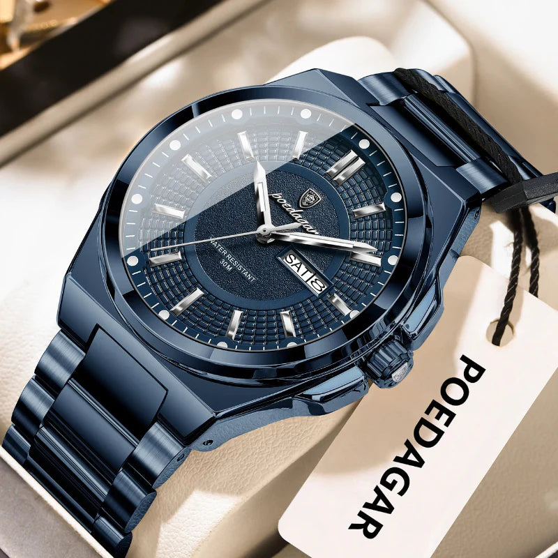 Relógio masculino Poedagar Blue Sovereign em aço inoxidável, mostrador azul — outro ângulo