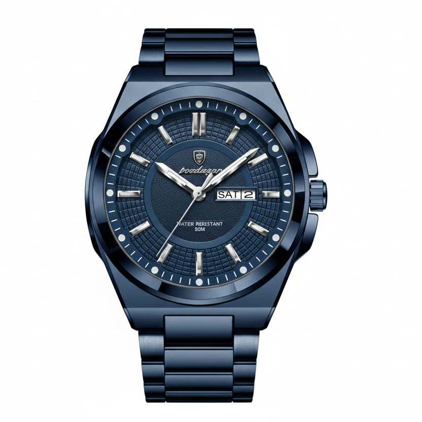 Relógio masculino Poedagar Blue Sovereign em aço inoxidável, mostrador azul