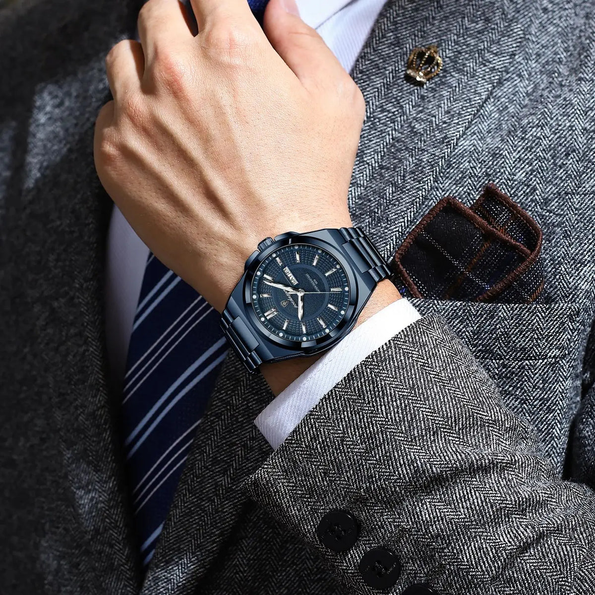 Relógio masculino Poedagar Blue Sovereign em aço inoxidável, mostrador azul — vista do conjunto