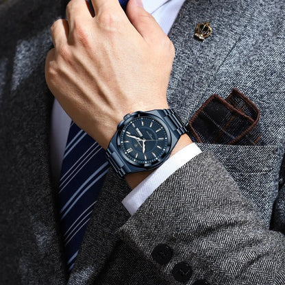 Relógio masculino Poedagar Blue Sovereign em aço inoxidável, mostrador azul — vista do conjunto