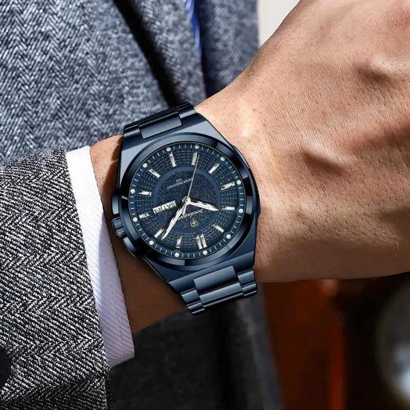 Relógio masculino Poedagar Blue Sovereign em aço inoxidável, mostrador azul — detalhe do design
