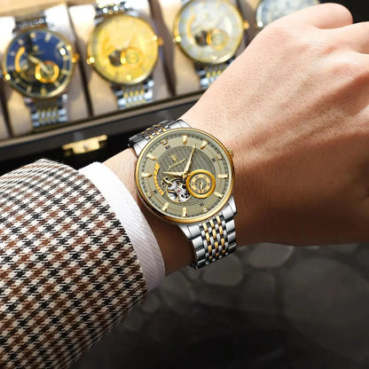 Relógio masculino Poedagar Botticelli Gold Grey em aço inoxidável, mostrador cinza — detalhe do acabamento