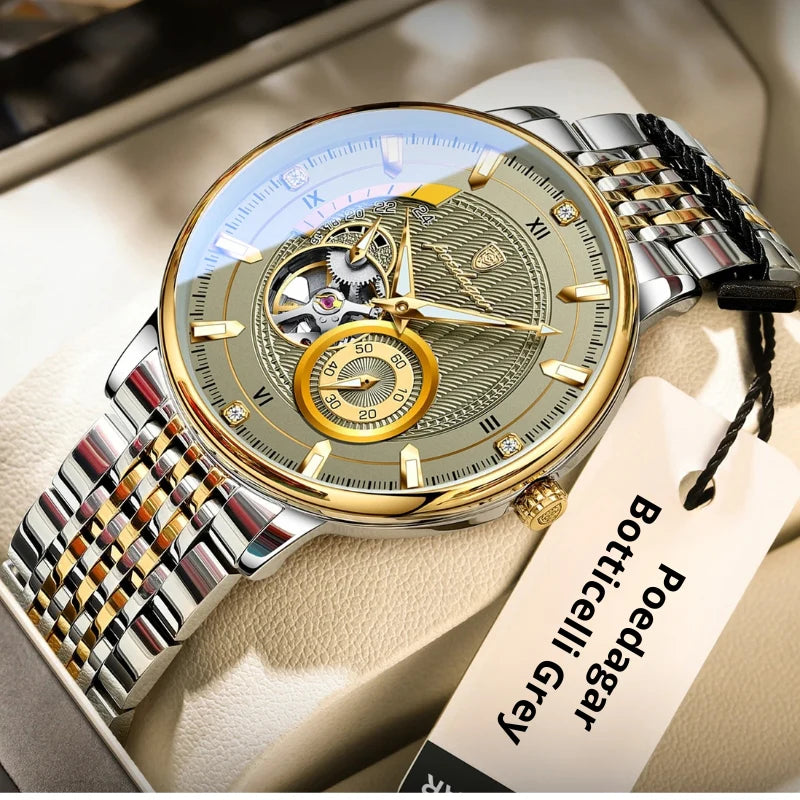 Relógio masculino Poedagar Botticelli Gold Grey em aço inoxidável, mostrador cinza — outro ângulo