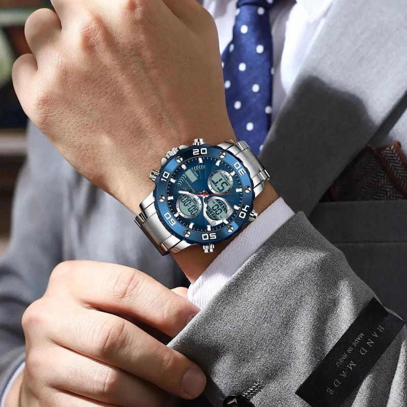 Relógio masculino Poedagar Cronos Marino em aço inoxidável, mostrador azul-marinho — detalhe do design