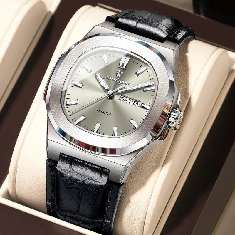 Relógio masculino Poedagar Deluxe Lucentino Argento em couro, mostrador prata — vista detalhada