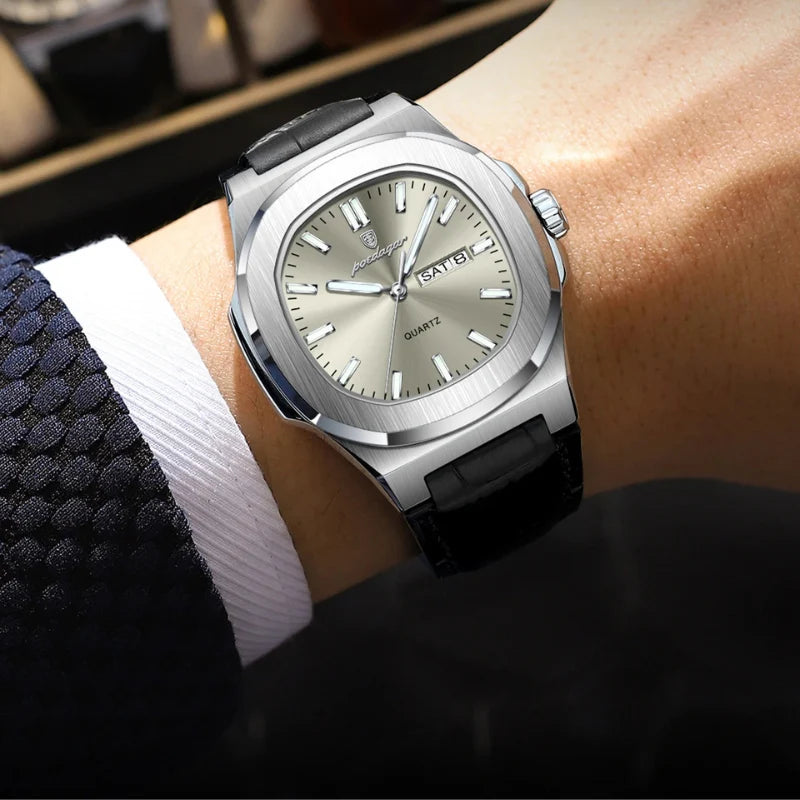 Relógio masculino Poedagar Deluxe Lucentino Argento em couro, mostrador prata — imagem complementar