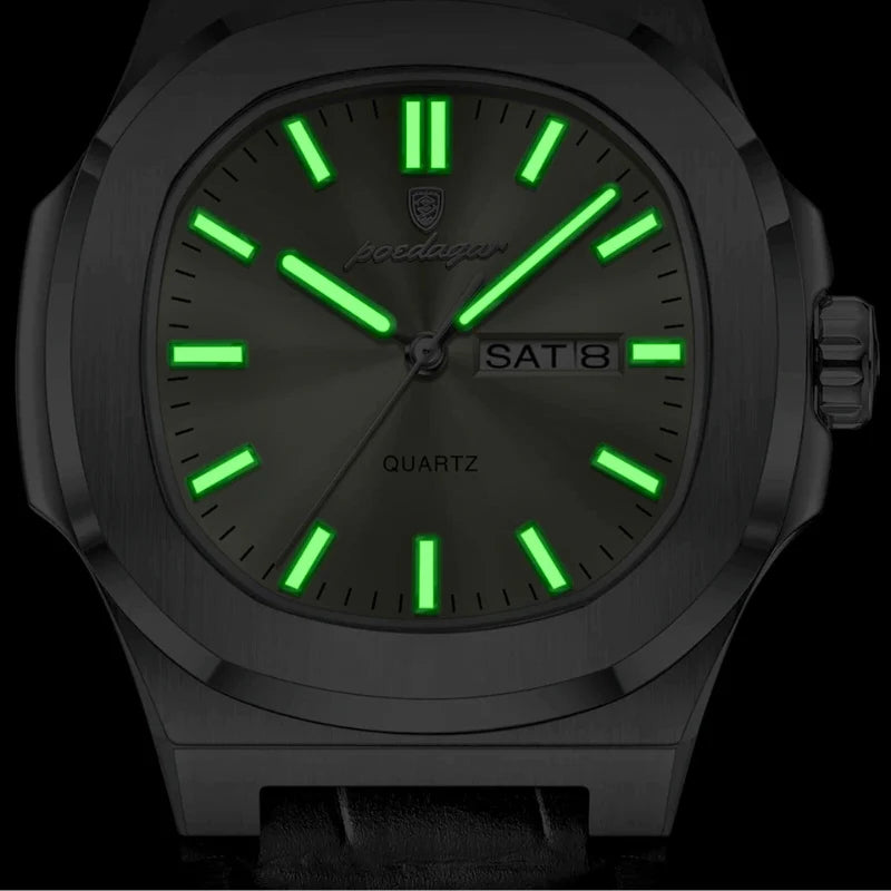 Relógio masculino Poedagar Deluxe Lucentino Argento em couro, mostrador prata — detalhe do design