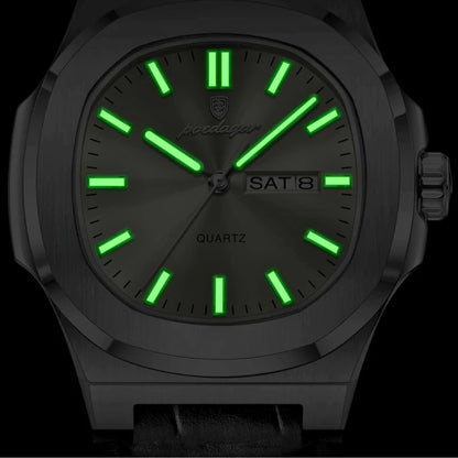Relógio masculino Poedagar Deluxe Lucentino Argento em couro, mostrador prata — detalhe do design