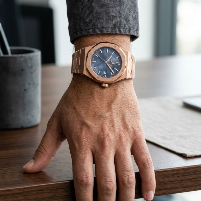 Relógio masculino Poedagar Deluxe Octagon Rosé Blue em aço inoxidável, mostrador azul — vista detalhada