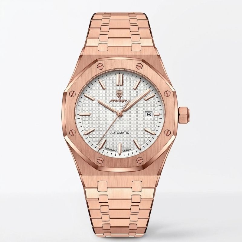 Relógio masculino Poedagar Deluxe Octagon Rosé White em aço inoxidável, mostrador branco