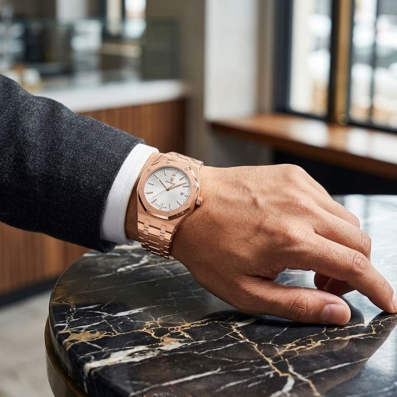 Relógio masculino Poedagar Deluxe Octagon Rosé White em aço inoxidável, mostrador branco — detalhe do acabamento