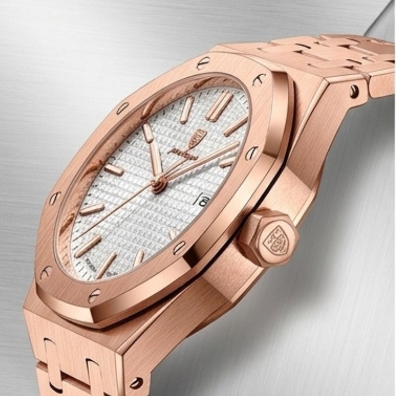 Relógio masculino Poedagar Deluxe Octagon Rosé White em aço inoxidável, mostrador branco — vista do conjunto