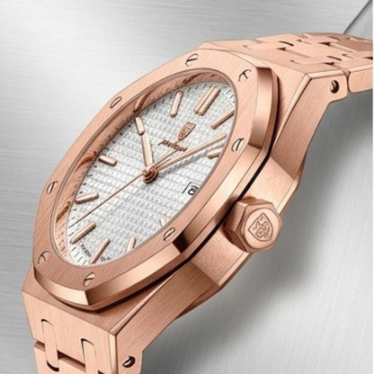 Relógio masculino Poedagar Deluxe Octagon Rosé White em aço inoxidável, mostrador branco — vista do conjunto