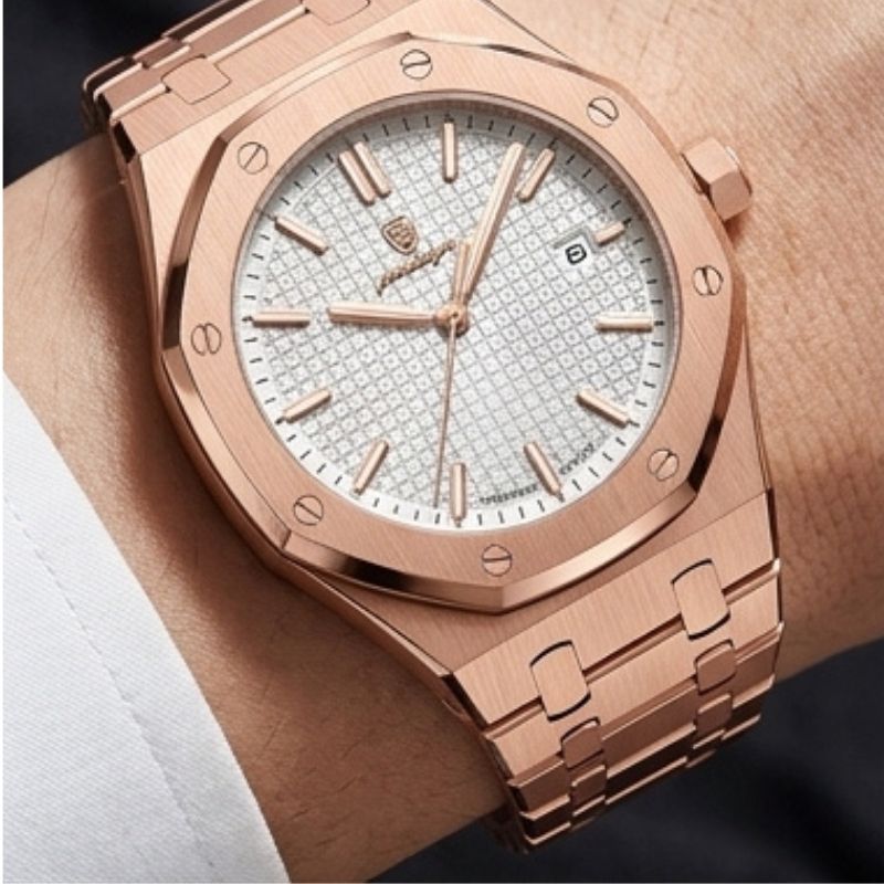 Relógio masculino Poedagar Deluxe Octagon Rosé White em aço inoxidável, mostrador branco — detalhe do design