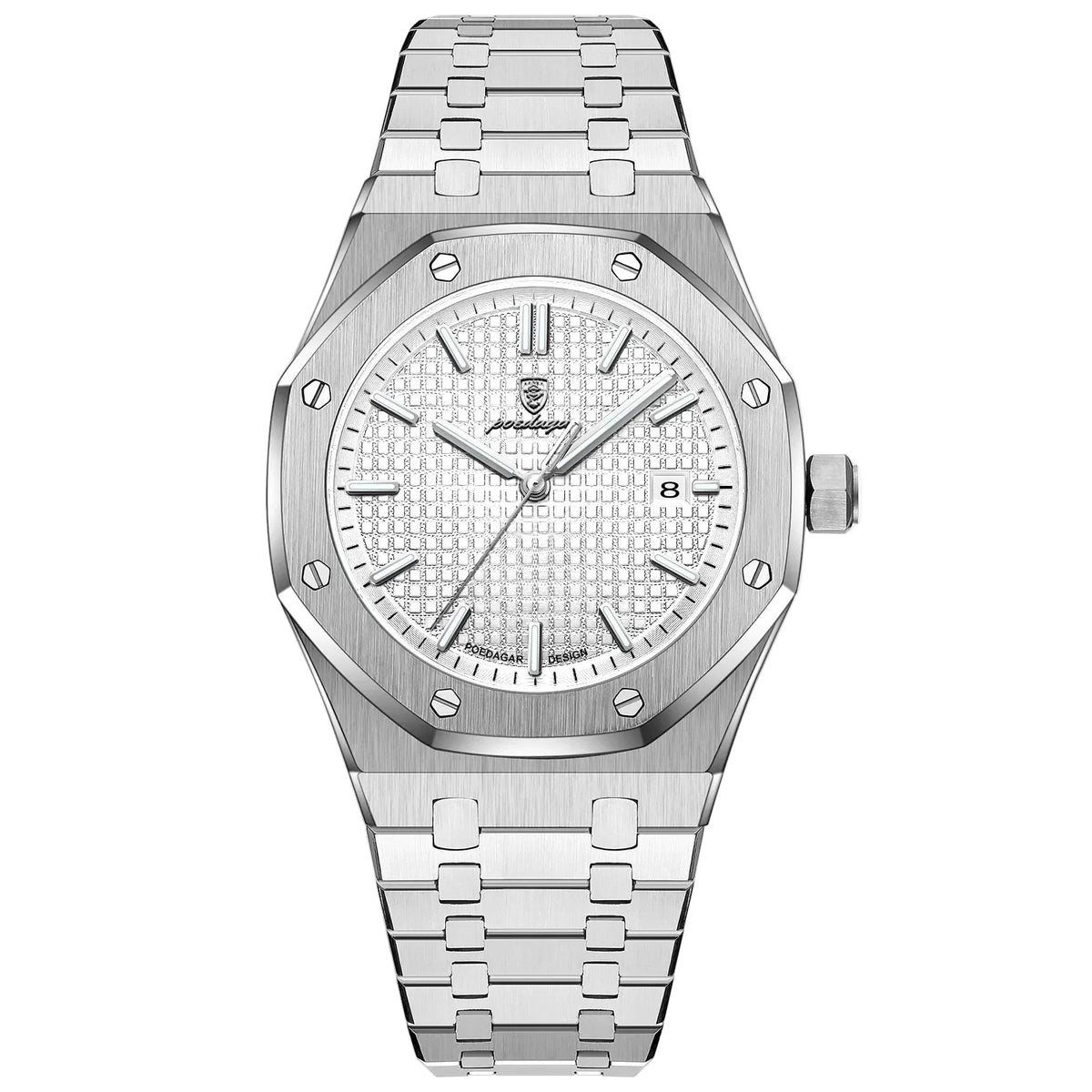Relógio masculino Poedagar Deluxe Octagon Silver White em aço inoxidável, mostrador branco
